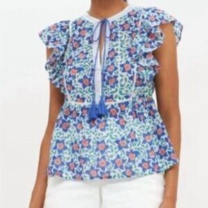 Oliphant Blue and Orange Floral Blouse, Sz XL
